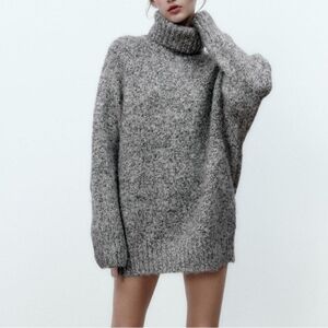 Zara Knit Textured Gray Oversized Turtleneck Sweater Size S